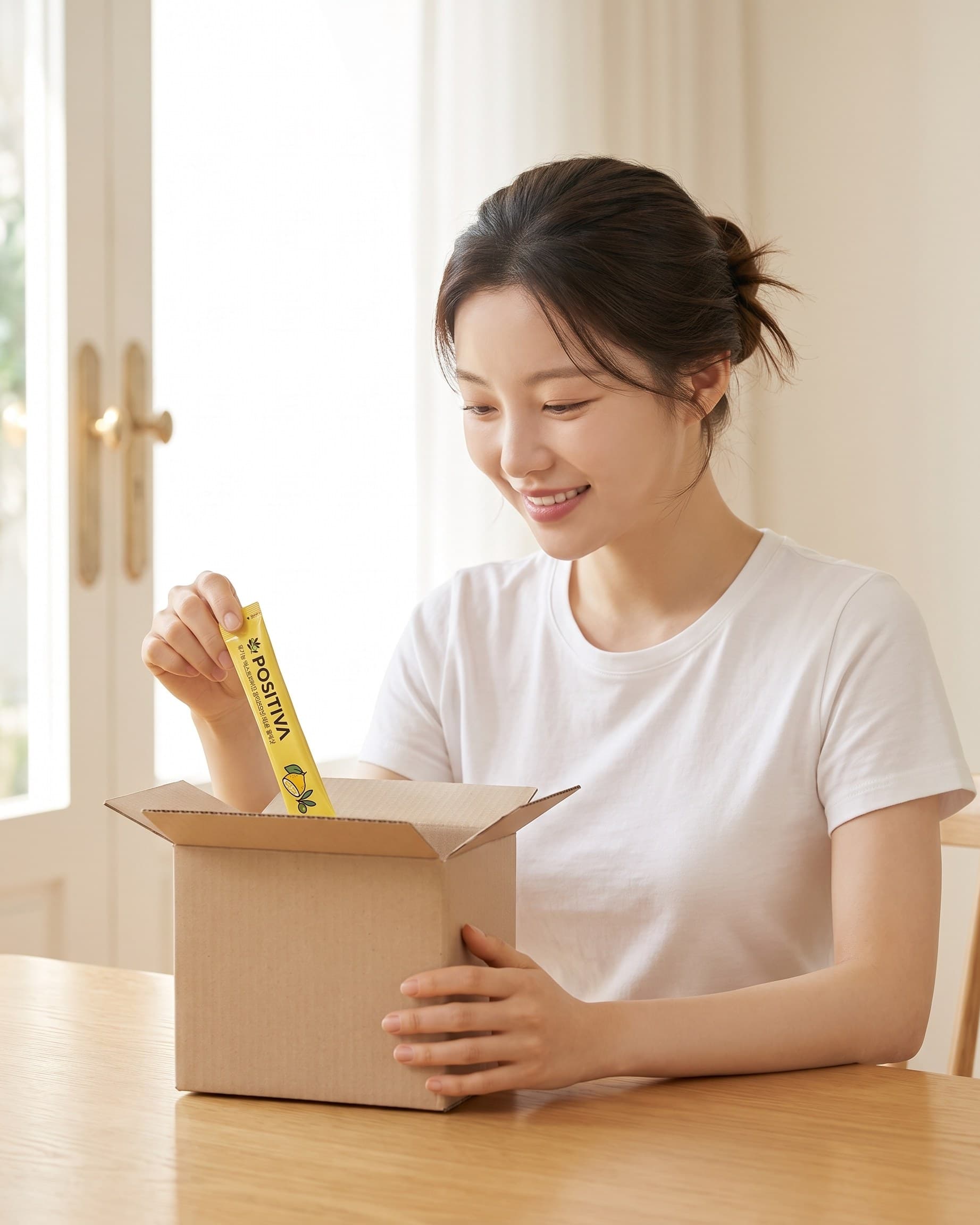 막 도착한 상자 옆에서 스틱 한 포를 집는 손